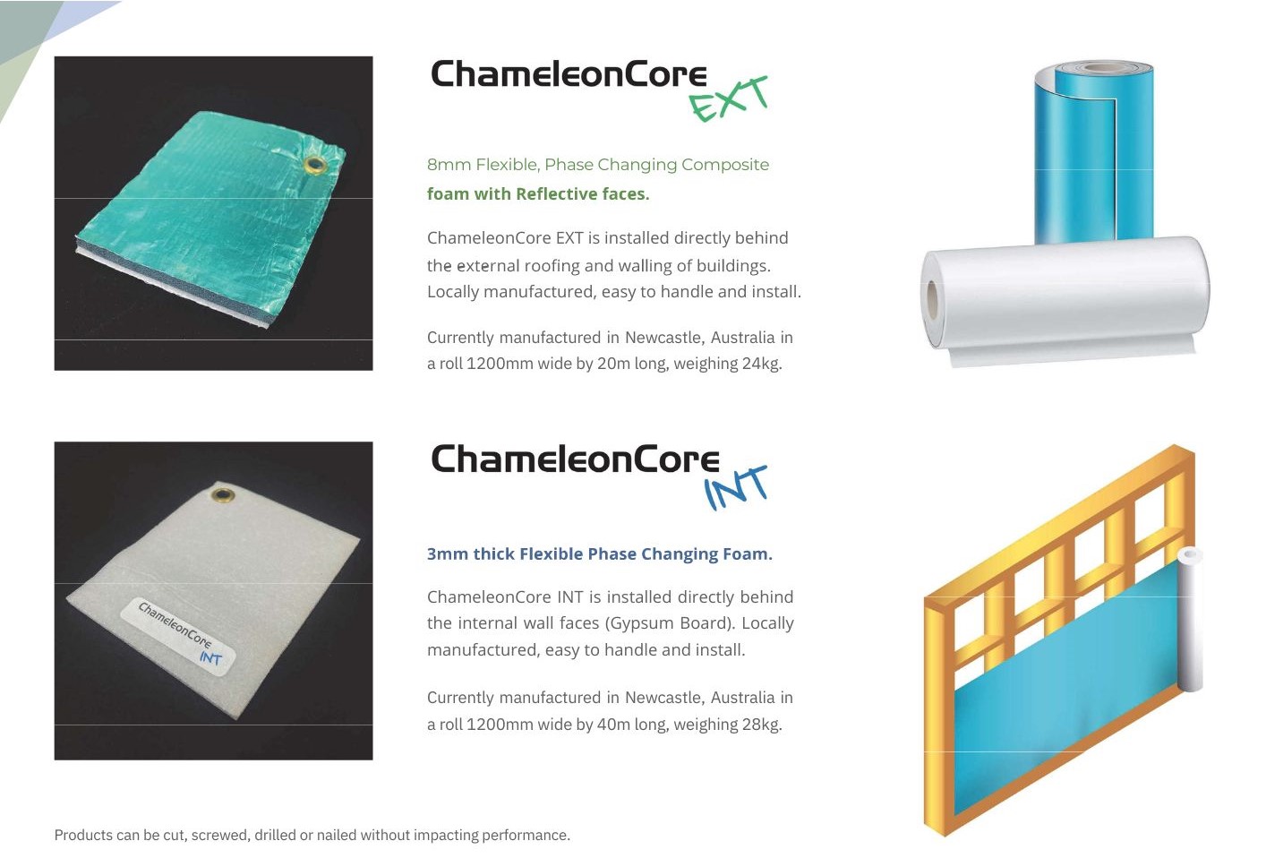 ChameleonCore EXT and ChameleonCore INT, 8mm flexible phase changing composite foam with reflective faces