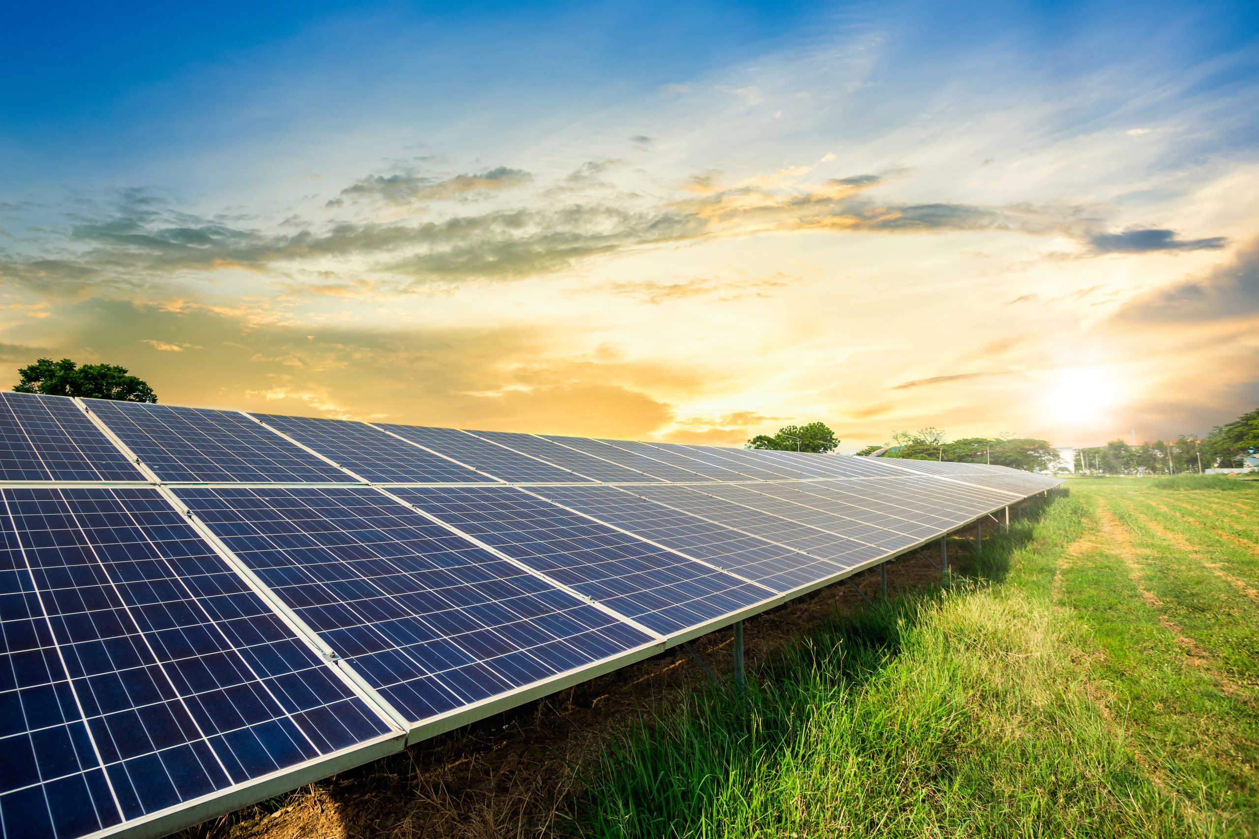 Solar panels against a sunset sky